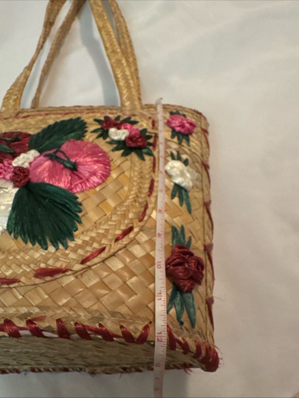 Straw Tote with Pink, Green & White Floral Embroidery - Picture 8 of 11